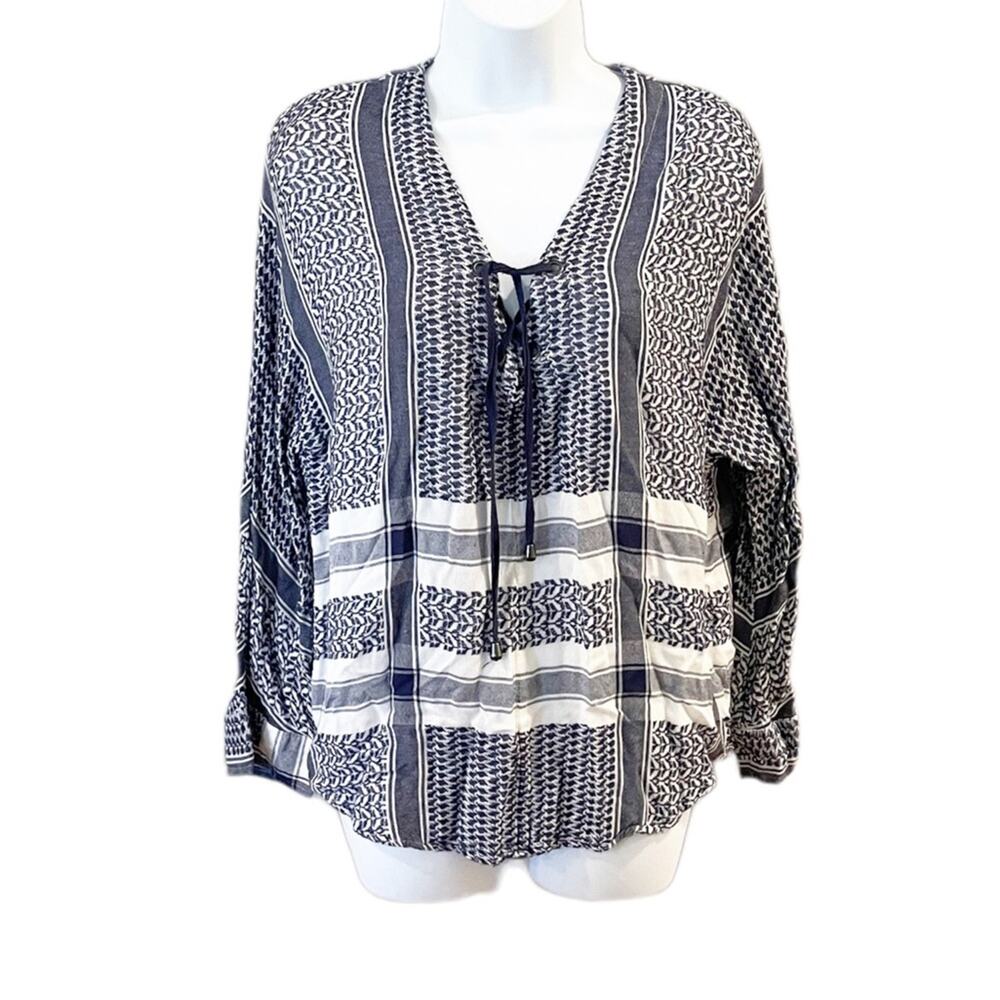 Rails Lily Blouse in Sapphire Jacquard Long Sleeve Lace Up Front Size XS